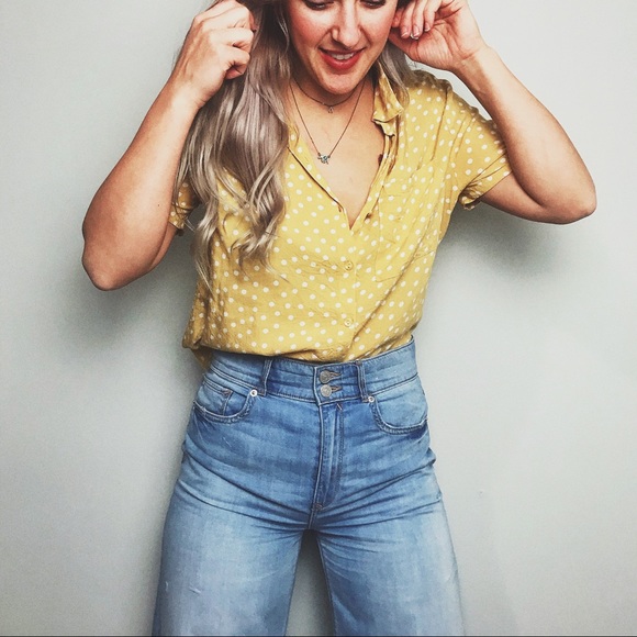 Japna Tops - yellow + White Polka Dot Button down shirt